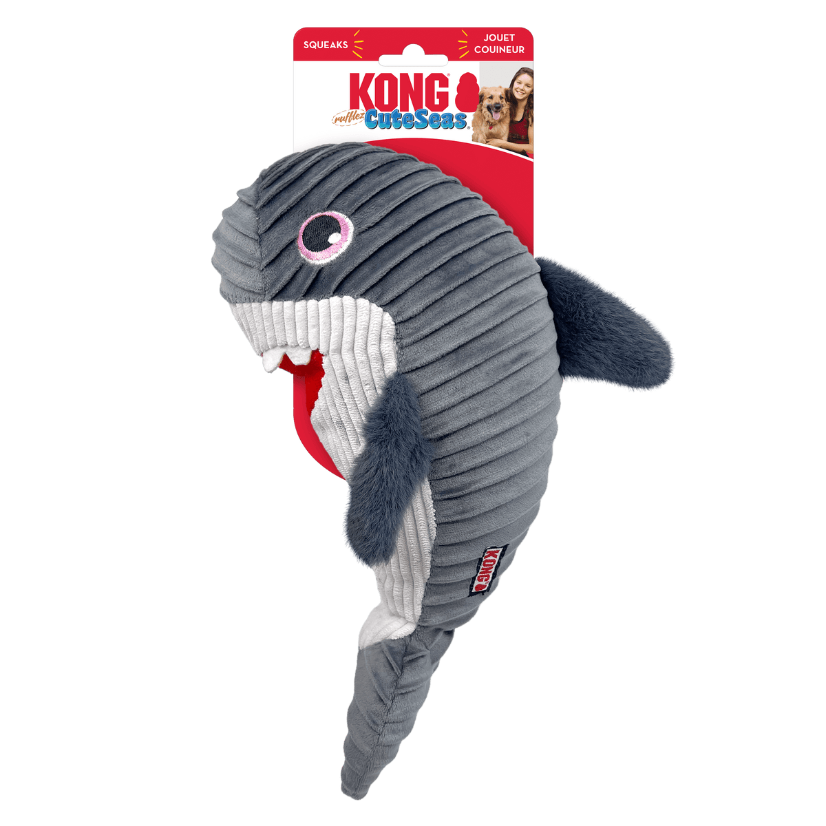Juguete de peluche KONG Cuteseas Rufflez tiburón para perros. Suave, chirriante y divertido. Perfecto para jugar y acurrucarse.