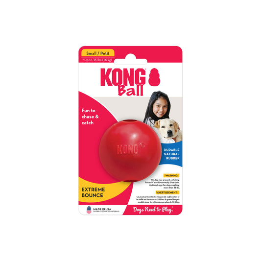 Perro jugando al aire libre con la pelota KONG roja de caucho natural con agujero, ideal para juegos interactivos. Disponible en Gabo y Gordo E Shop.