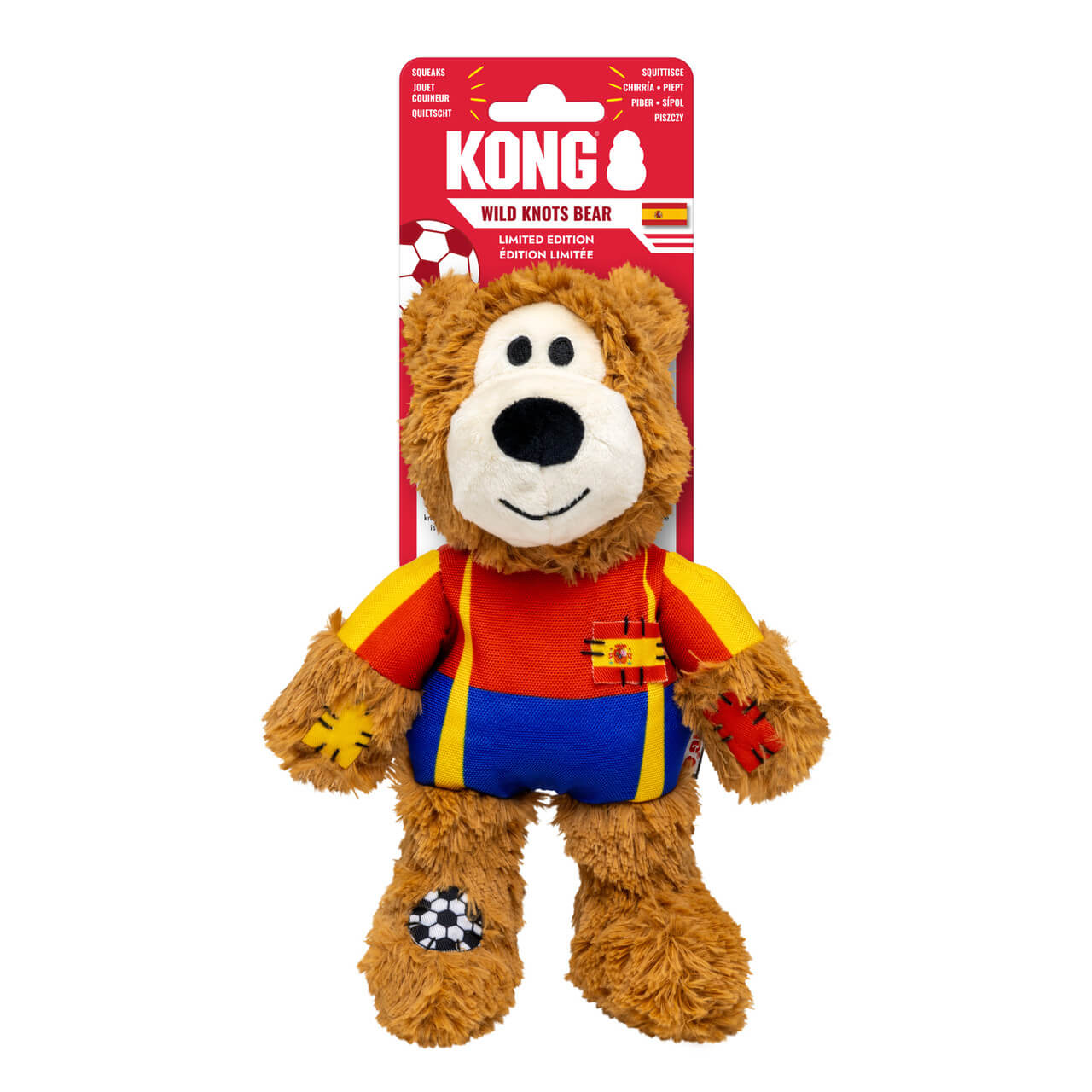 KONG Wild Knots Sport Bear España, peluche resistente para perros con cuerda interna anudada y chirriador para juegos interactivos.