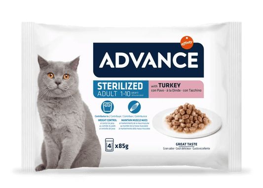 ADVANCE Adulto | Comida húmeda para gatos adultos esterilizados con pavo Pack 12 x 85g.  Gabo y Gordo E Shop, la mejor tienda online en las Islas Canarias, España, tienda online para mascotas, perros, gatos, conejos, tortugas, animales, accesorios para mascotas en general. 
Gabo y Gordo E Shop in Canary Islands, the best store for pets, dogs, cats, rabbits, turtles, animals, pet accessories.