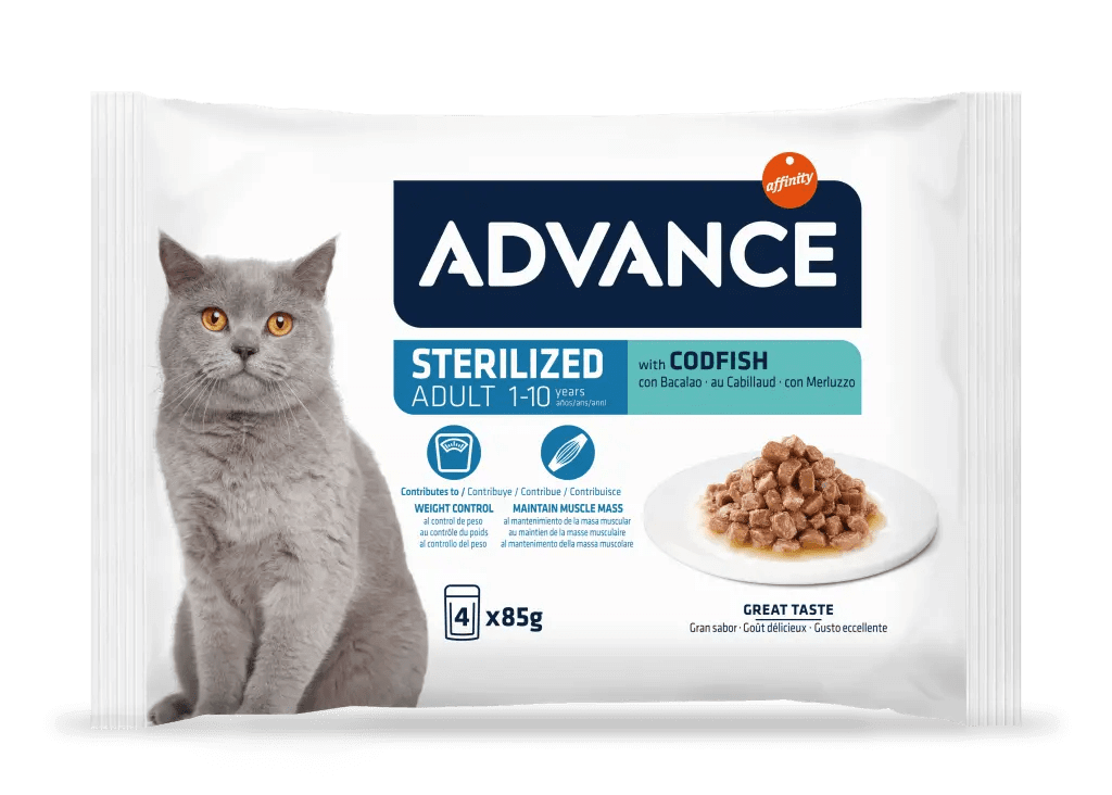 ADVANCE Adulto | Comida húmeda para gatos adultos esterilizados con bacalao Pack 12 x 85g.  Gabo y Gordo E Shop, la mejor tienda online en las Islas Canarias, España, tienda online para mascotas, perros, gatos, conejos, tortugas, animales, accesorios para mascotas en general. 
Gabo y Gordo E Shop in Canary Islands, the best store for pets, dogs, cats, rabbits, turtles, animals, pet accessories.