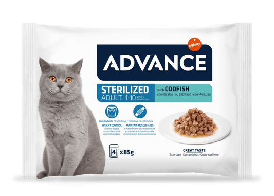 ADVANCE Adulto | Comida húmeda para gatos adultos esterilizados con bacalao Pack 12 x 85g.  Gabo y Gordo E Shop, la mejor tienda online en las Islas Canarias, España, tienda online para mascotas, perros, gatos, conejos, tortugas, animales, accesorios para mascotas en general. 
Gabo y Gordo E Shop in Canary Islands, the best store for pets, dogs, cats, rabbits, turtles, animals, pet accessories.