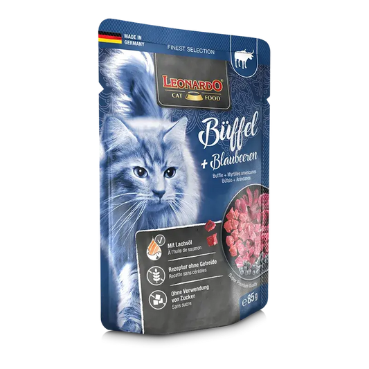 LEONARDO Menu Finest Selection de búfalo y arándanos – comida húmeda sin cereales para gatos adultos
