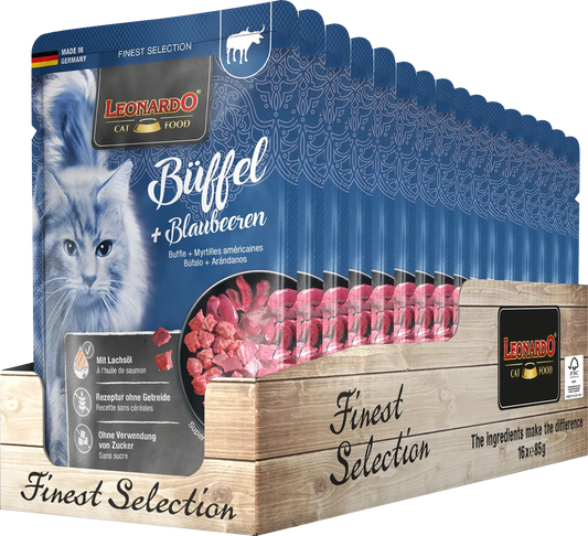 LEONARDO Menu Finest Selection de búfalo y arándanos – comida húmeda sin cereales para gatos adultos
