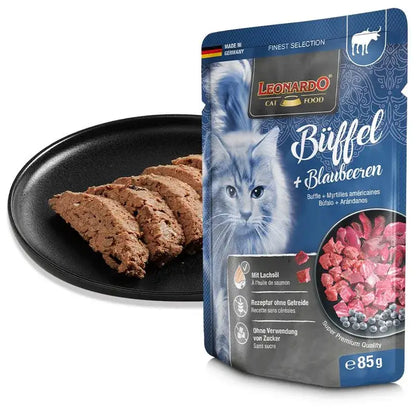 LEONARDO Menu Finest Selection de búfalo y arándanos – comida húmeda sin cereales para gatos adultos