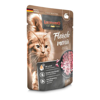 LEONARDO Menu Finest Selection Carne – comida húmeda sin cereales para gatos adultos con pollo, ternera y cordero