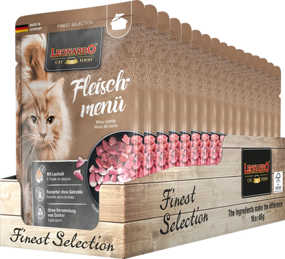 LEONARDO Menu Finest Selection Carne – comida húmeda sin cereales para gatos adultos con pollo, ternera y cordero