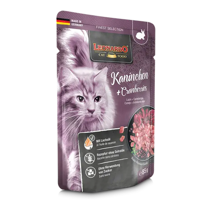 LEONARDO Menu Finest Selection Conejo y Arándanos – Comida húmeda sin cereales para gatos adultos | Pack 16x85g
