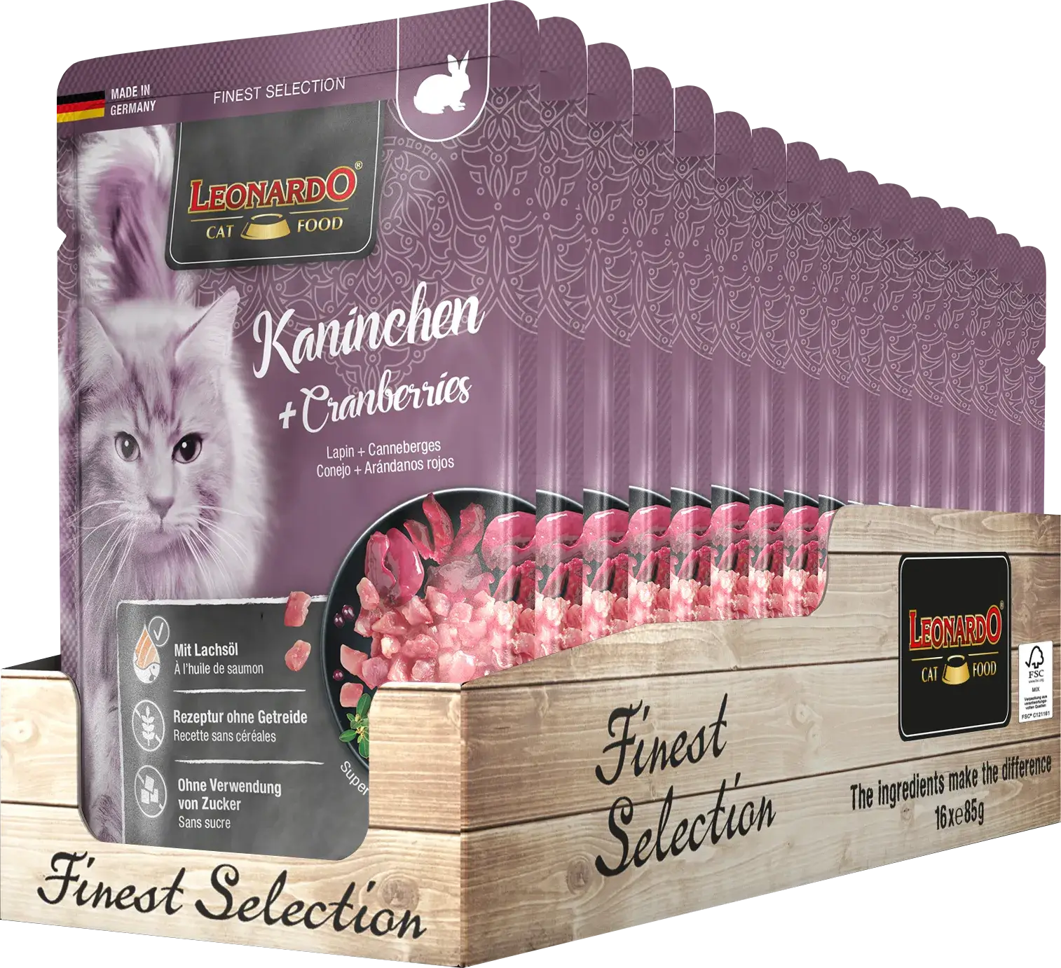 LEONARDO Menu Finest Selection Conejo y Arándanos – Comida húmeda sin cereales para gatos adultos | Pack 16x85g
