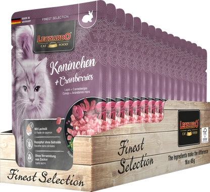 LEONARDO Menu Finest Selection Conejo y Arándanos – Comida húmeda sin cereales para gatos adultos | Pack 16x85g