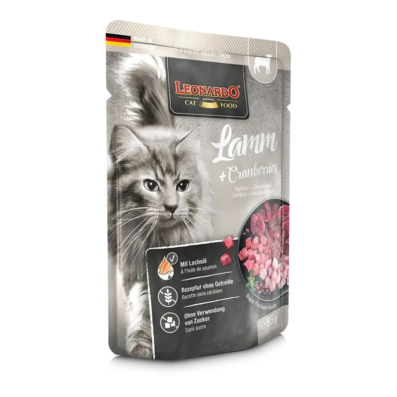 LEONARDO Menu Finest Selection Cordero y Arándanos Rojos – comida húmeda natural sin cereales para gatos adultos