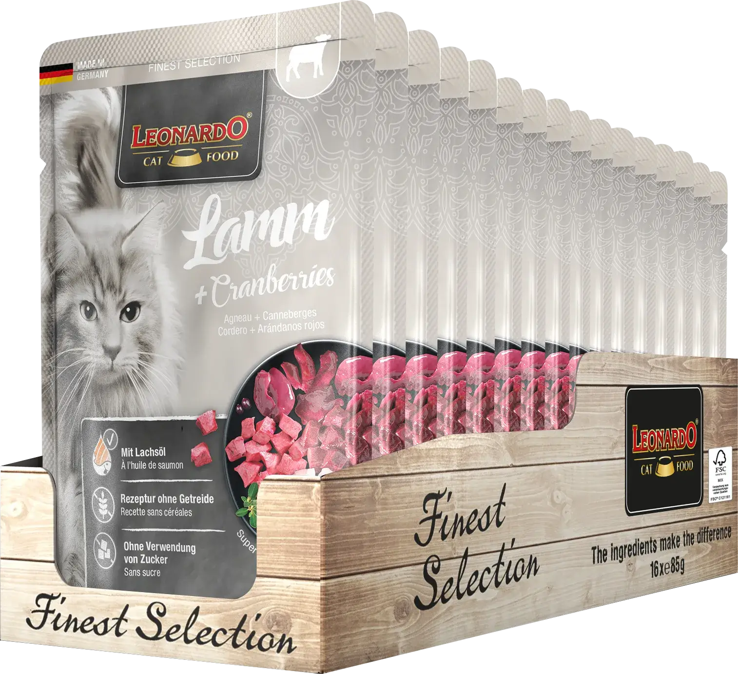 LEONARDO Menu Finest Selection Cordero y Arándanos Rojos – comida húmeda natural sin cereales para gatos adultos