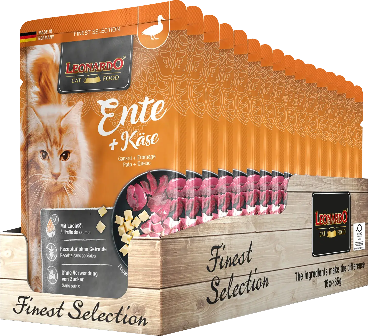 LEONARDO Menu Finest Selection Pato y Queso – comida húmeda sin cereales para gatos adultos con aceite de salmón