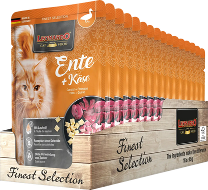LEONARDO Menu Finest Selection Pato y Queso – comida húmeda sin cereales para gatos adultos con aceite de salmón