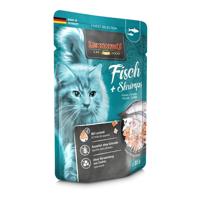 LEONARDO Menu Pescado y Gambas – Comida húmeda para gatos con salmón, arenque y gambas sin cereales