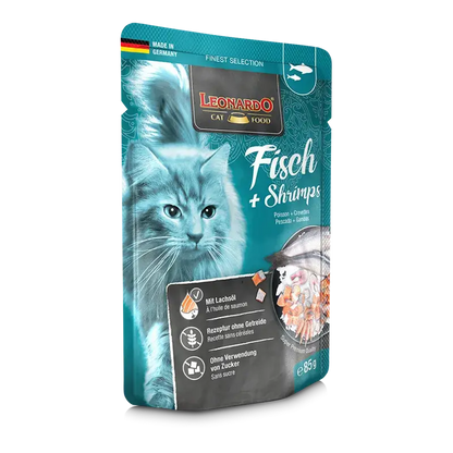 LEONARDO Menu Pescado y Gambas – Comida húmeda para gatos con salmón, arenque y gambas sin cereales
