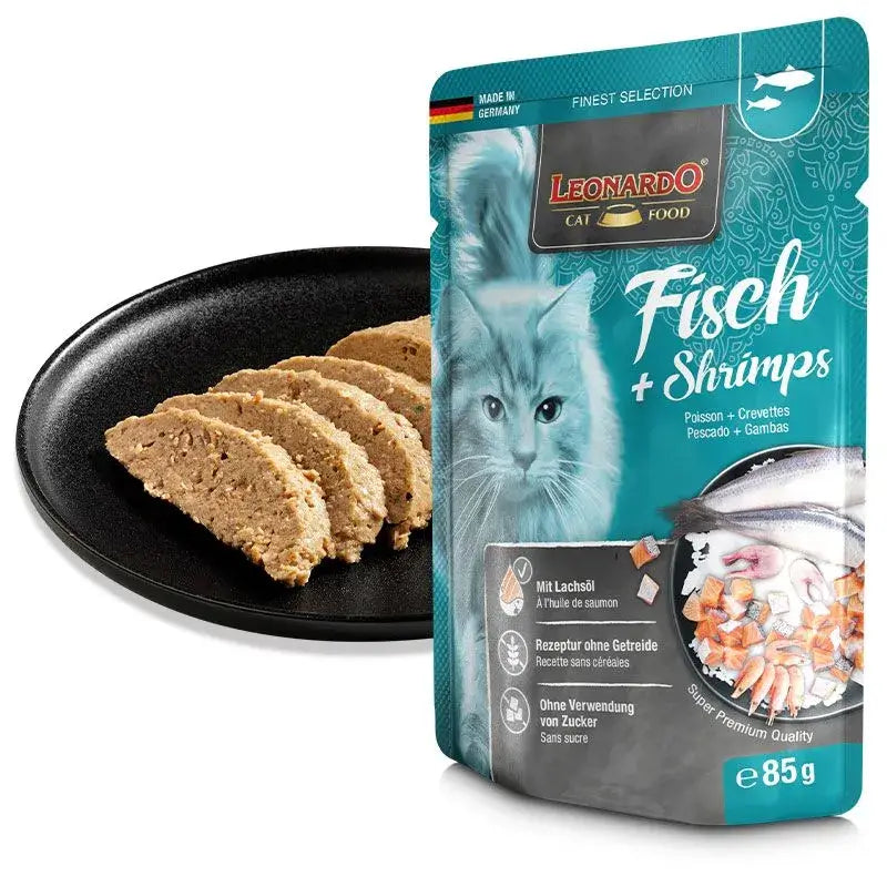LEONARDO Menu Pescado y Gambas – Comida húmeda para gatos con salmón, arenque y gambas sin cereales