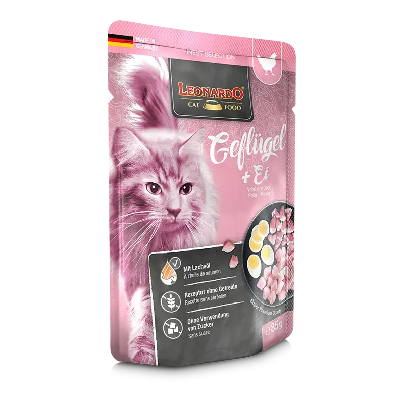LEONARDO Menu Finest Selection Pollo y Huevo – comida húmeda sin cereales para gatos adultos con aceite de salmón