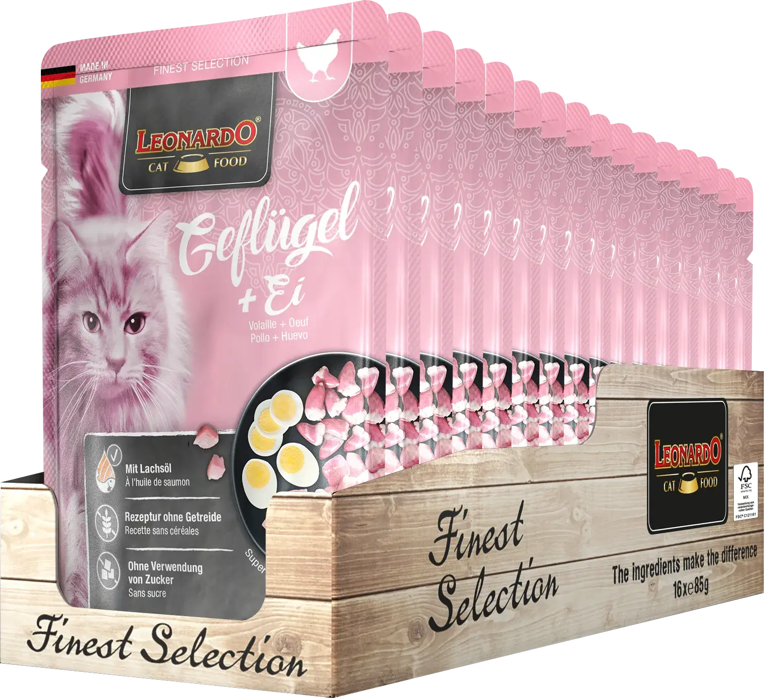 LEONARDO Menu Finest Selection Pollo y Huevo – comida húmeda sin cereales para gatos adultos con aceite de salmón