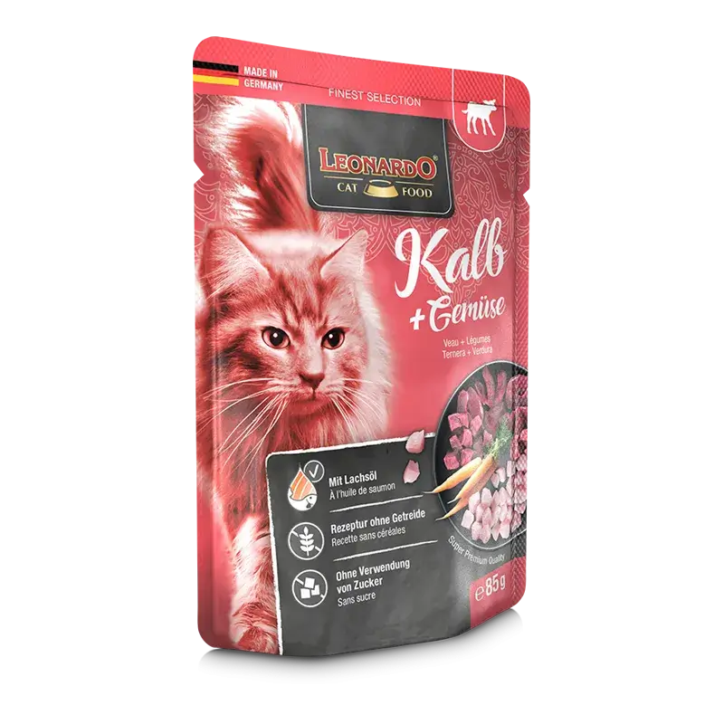 LEONARDO Menu Finest Selection Ternera y Verduras – comida húmeda sin cereales para gatos adultos con zanahorias