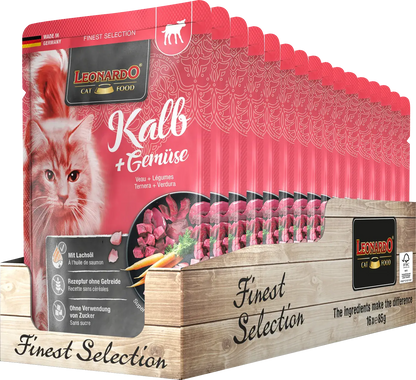 LEONARDO Menu Finest Selection Ternera y Verduras – comida húmeda sin cereales para gatos adultos con zanahorias