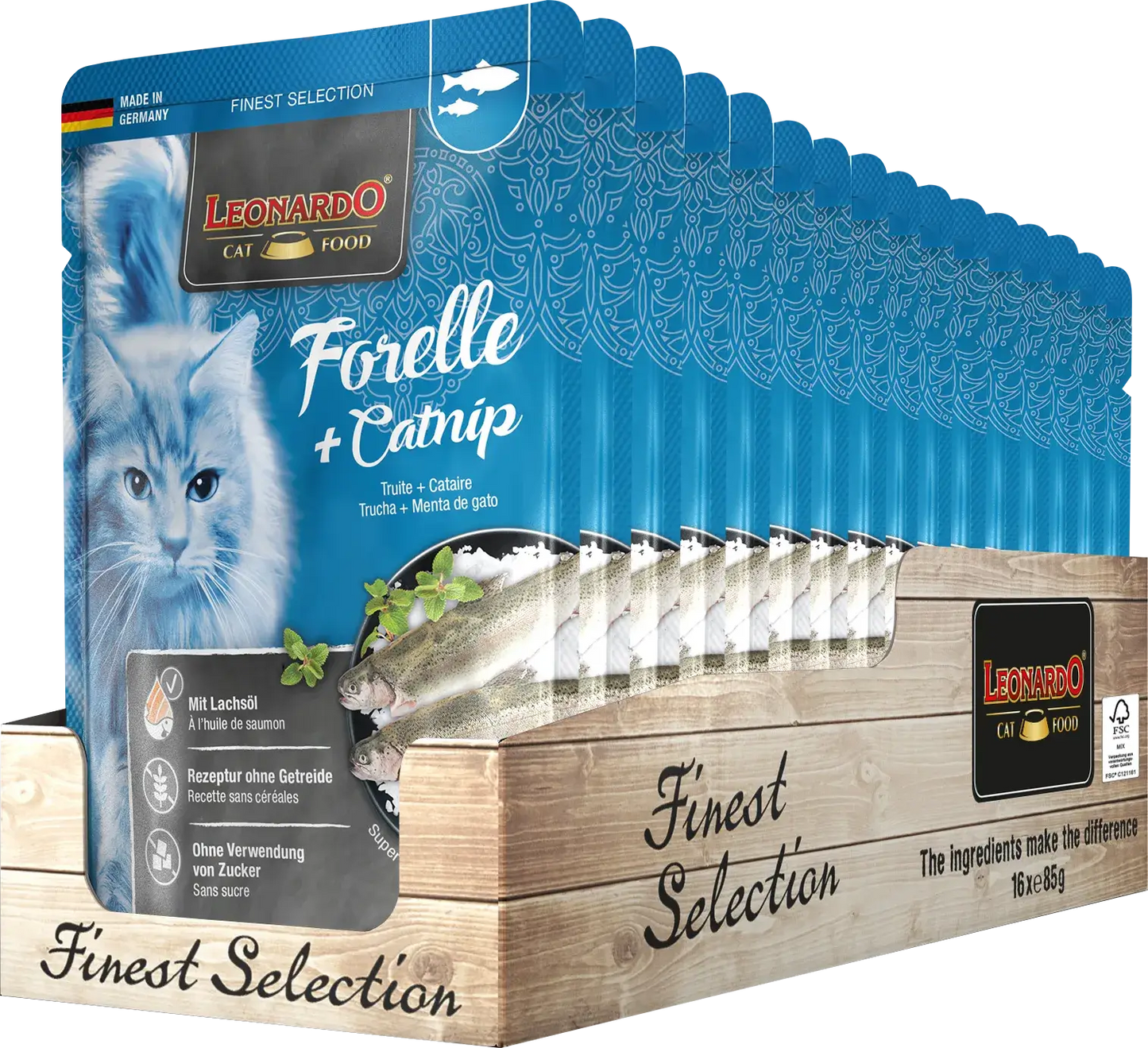 LEONARDO Menu Finest Selection Trucha y Menta Gatuna – comida húmeda para gatos adultos sin cereales ni azúcar