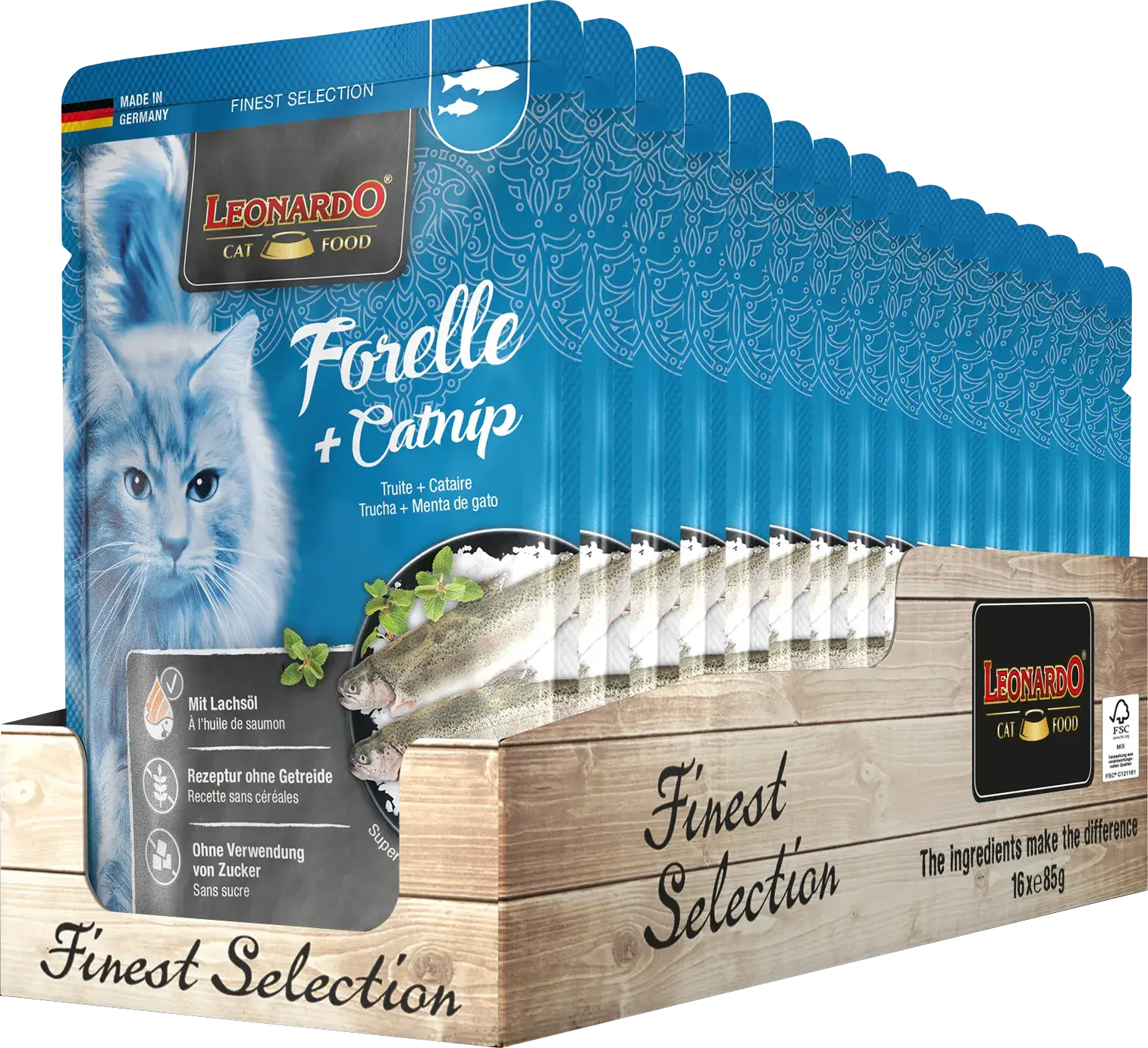LEONARDO Menu Finest Selection Trucha y Menta Gatuna – comida húmeda para gatos adultos sin cereales ni azúcar