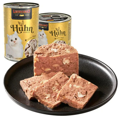LEONARDO Pollo + Extra Filete, comida húmeda con carne y trozos de filete de pollo para gatos adultos