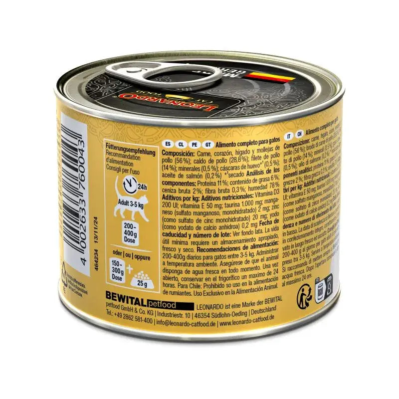 LEONARDO Pollo + Extra Filete, comida húmeda con carne y trozos de filete de pollo para gatos adultos