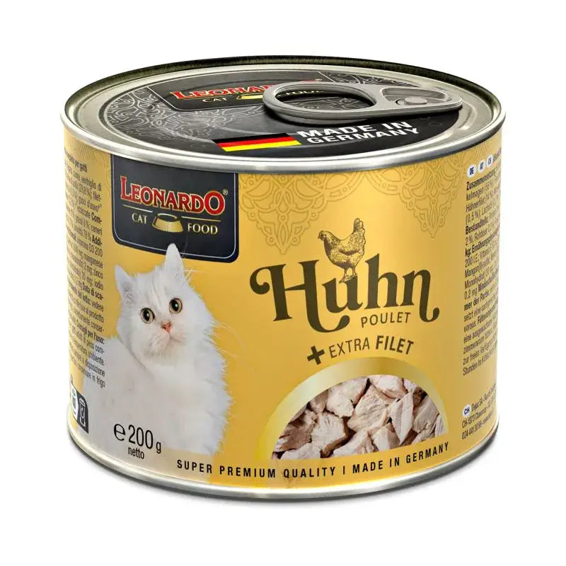 LEONARDO Pollo + Extra Filete, comida húmeda con carne y trozos de filete de pollo para gatos adultos