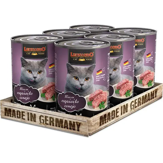 LEONARDO Rico en Exquisito Conejo comida húmeda completa sin cereales ni azúcares para gatos adultos en packs de 6 latas