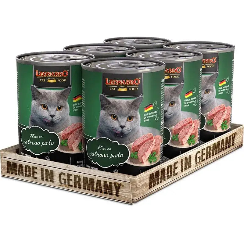 LEONARDO Rico en Sabroso Pato comida húmeda completa sin cereales ni azúcares para gatos adultos en packs de 6 latas