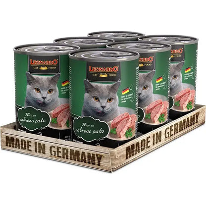 LEONARDO Rico en Sabroso Pato comida húmeda completa sin cereales ni azúcares para gatos adultos en packs de 6 latas