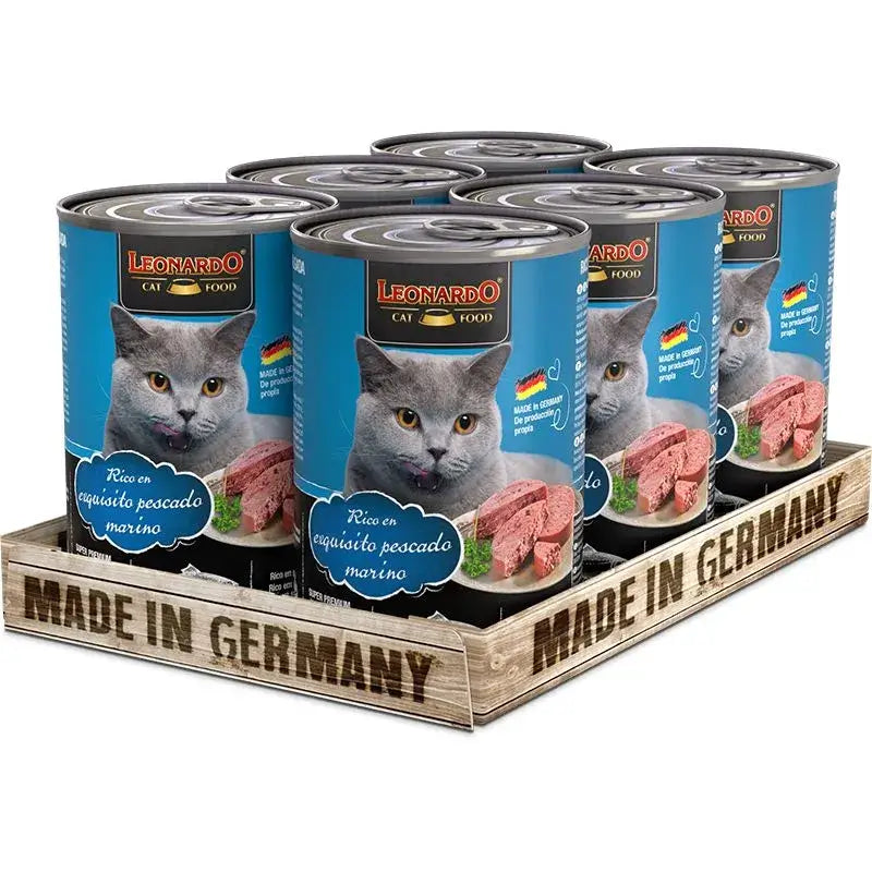 LEONARDO Rico en Pescado Marino comida húmeda completa sin cereales ni azúcares para gatos adultos en packs de 6 latas