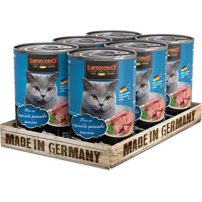 LEONARDO Rico en Pescado Marino comida húmeda completa sin cereales ni azúcares para gatos adultos en packs de 6 latas