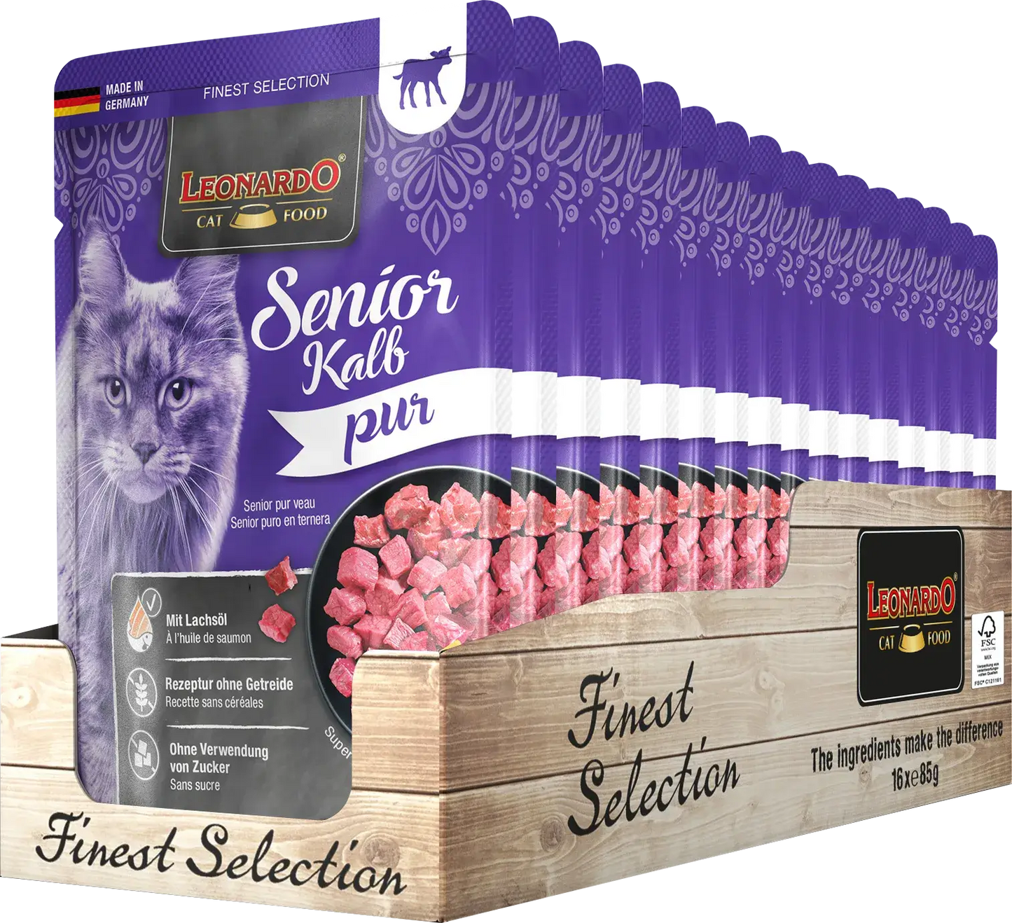 Comida húmeda LEONARDO Senior para gatos adultos con ternera