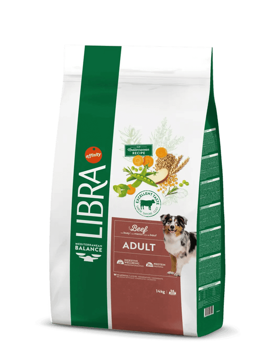 Saco de pienso LIBRA Adult Beef con buey para perros adultos.