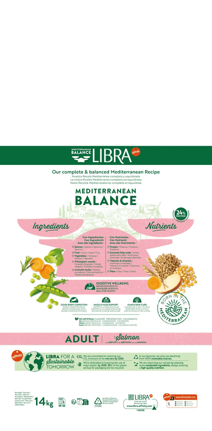 LIBRA Adult Salmon pienso con salmón para perros adultos, alimento equilibrado con proteínas, omega 3, vitaminas y minerales esenciales.