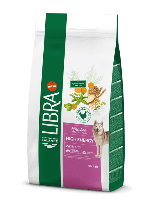 Saco de 12 kg de pienso LIBRA High Energy Chicken con pollo para perros con elevada actividad física.