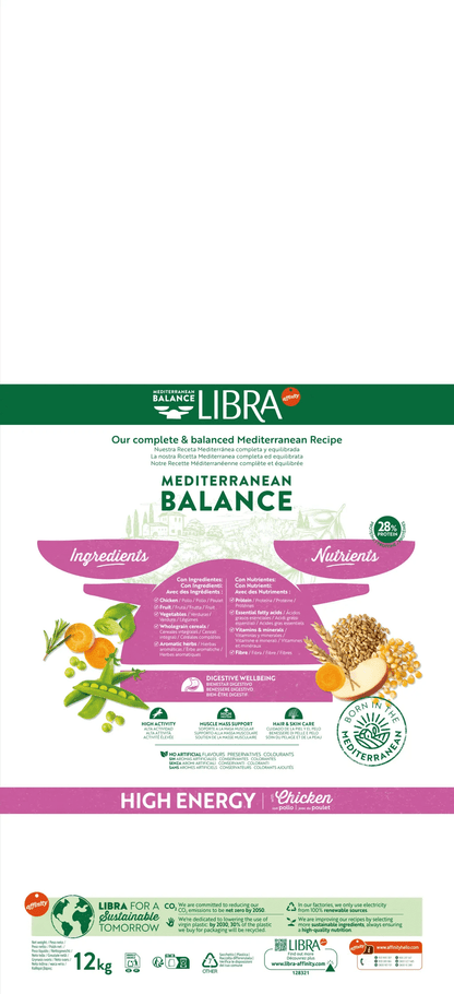 Saco de 12 kg de pienso LIBRA High Energy Chicken con pollo para perros con elevada actividad física.