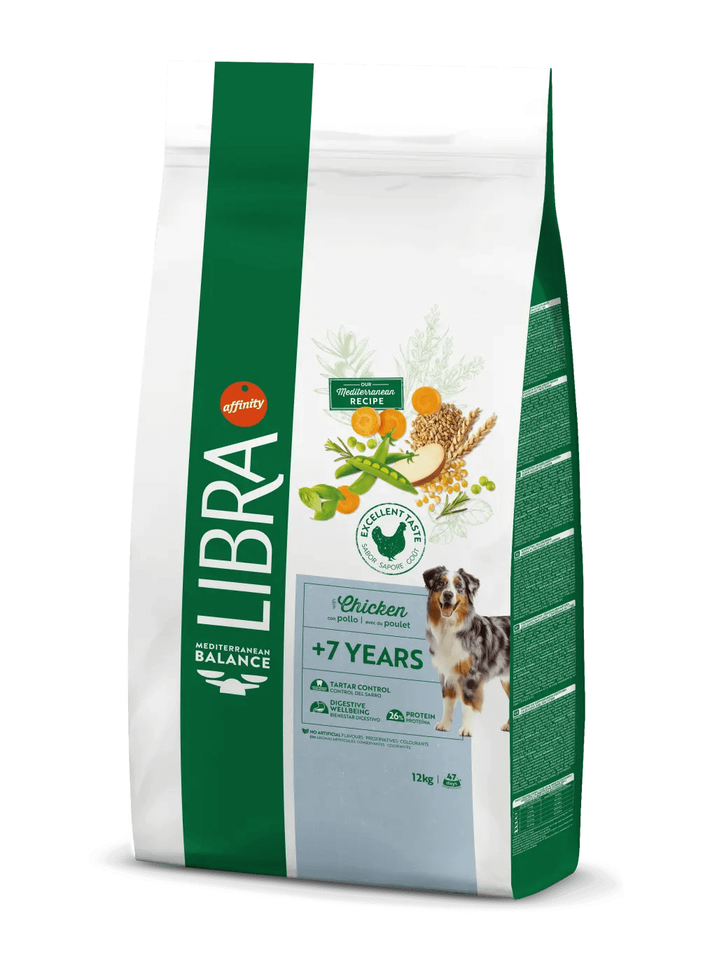 Saco de 12 kg de pienso LIBRA Senior +7 Years con pollo para perros mayores de 7 años.
