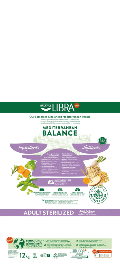 Saco de pienso LIBRA Adult Sterilized Chicken con pollo para gatos adultos esterilizados.