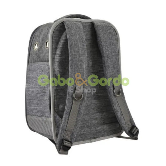 Mochila Nayeco gris con ventana transparente para mascotas. Transporte seguro y cómodo para perros y gatos pequeños de hasta 8 kg.