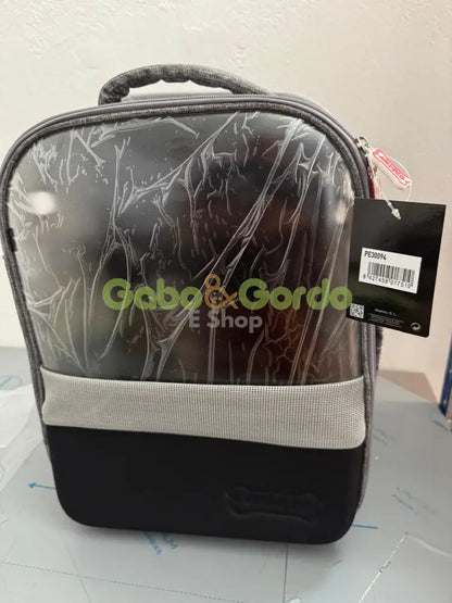 Mochila Nayeco gris con ventana transparente para mascotas. Transporte seguro y cómodo para perros y gatos pequeños de hasta 8 kg.