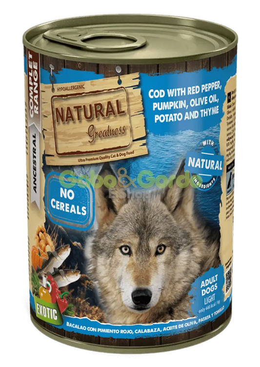 Comida húmeda Natural Greatness bacalao con pimiento rojo sin cereales para perros adultos, pack 12x400 g
