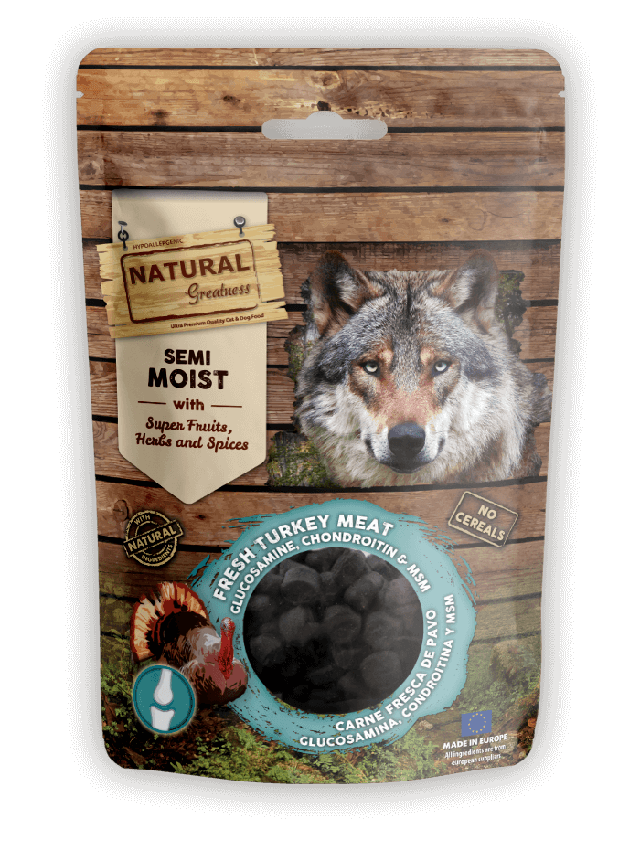 NATURAL GREATNESS Bits semihúmedos con pavo, glucosamina, condroitina y MSM, snack sin cereales para perros de 150 g