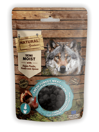 NATURAL GREATNESS Bits semihúmedos con pavo, glucosamina, condroitina y MSM, snack sin cereales para perros de 150 g