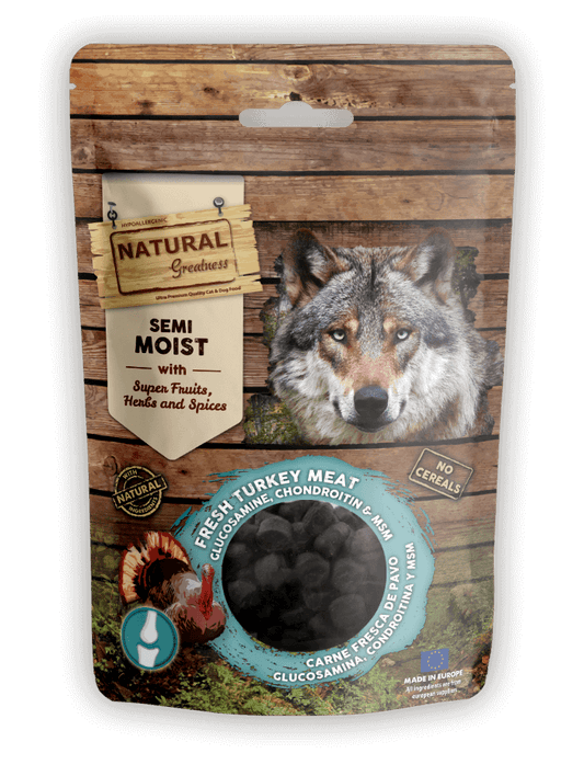 NATURAL GREATNESS Bits semihúmedos con pavo, glucosamina, condroitina y MSM, snack sin cereales para perros de 150 g