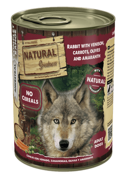 Natural Greatness Conejo y Venado con zanahoria y amaranto | Comida húmeda sin cereales para perros adultos