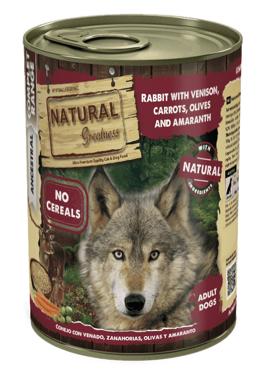 Natural Greatness Conejo y Venado con zanahoria y amaranto | Comida húmeda sin cereales para perros adultos